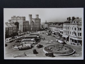 Wales CAERNARVON Castle Square shows CHARABANC c1950s RP Postcard by Valentine