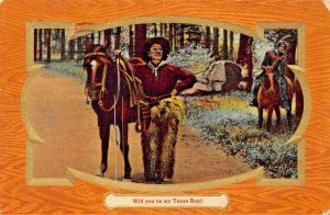 WILL YOU BE MY TEXAS BOY?-COWGIRL-COWBOY IN CHAPS~1911 WESTERN ROMANCE POSTCARD
