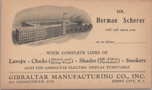 Advertising Postcard Gibraltar Mfg Co Jersey City NJ Herman Scherern Lamps Clock