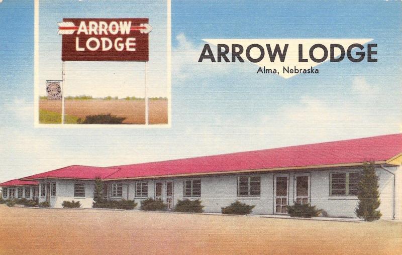 Alma NebraskaArt Deco Arrow LodgeFree Swimming 1950s Linen Postcard