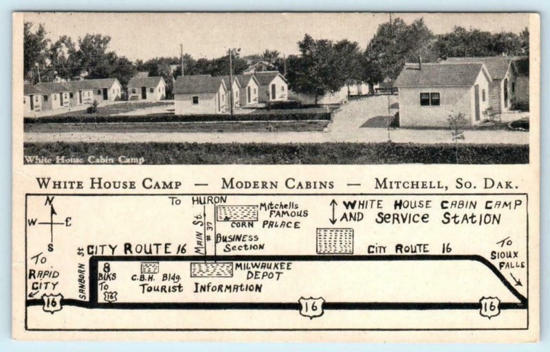 MITCHELL, South Dakota SD ~  Roadside WHITE HOUSE CABIN CAMP Map   Postcard 