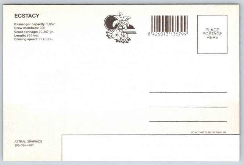 Ecstacy Carnival Cruise Line Postcard