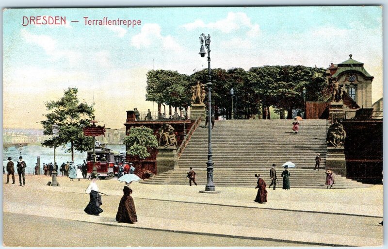 c1900s Dresden, Germany Terrassentreppe Steps Statue Tram River Cute Women A353