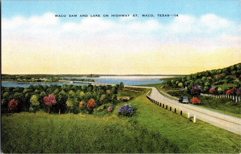  Waco Dam and Lake on Highway 67, Waco TX Vintage Postcard L55