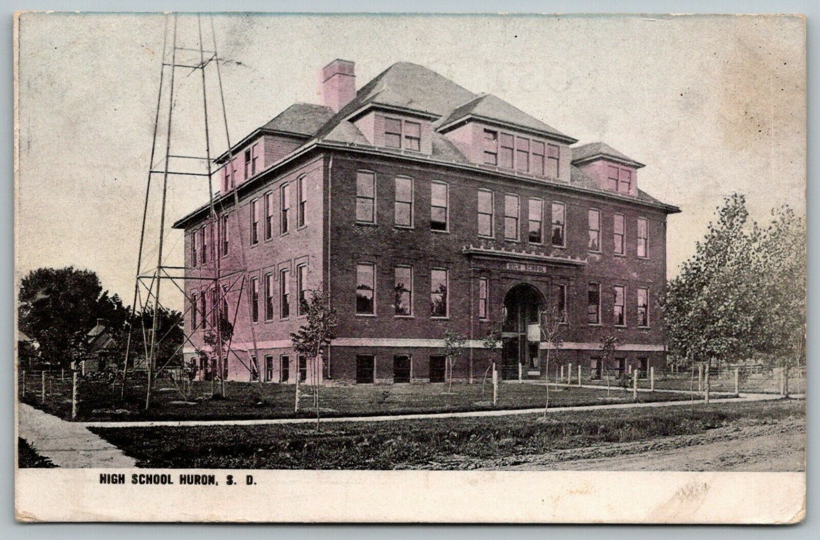 Huron South DakotaHigh SchoolTall TowerDirt Road1908 Postcard United States South Dakota
