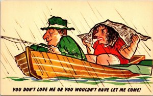 Cartoon Funny Fishing Raining Woman Man Postcard UNP Mike Roberts VTG Unused 