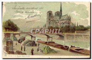 Old Postcard transparent map Paris Apse Notre Dame Barges Boats