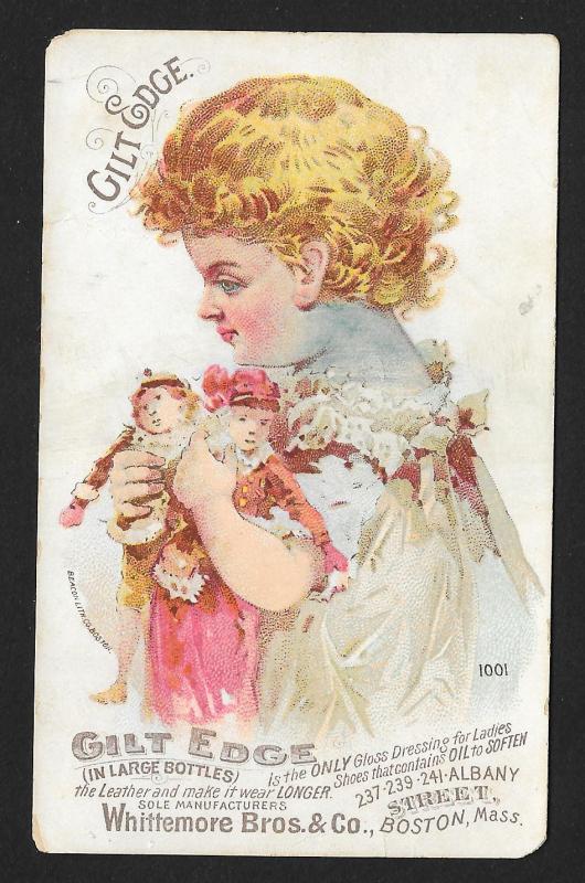 VICTORIAN TRADE CARD Gilt Edge Shoe Dressing Girl Holding Dolls