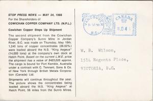 Cowichan Copper Company Sunro Mine Jordan River BC Shareholder 1966 Postcard D92