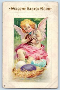 1914 Easter Angel With Bunny Rabbit And Eggs Embossed Albany Ohio OH Postcard