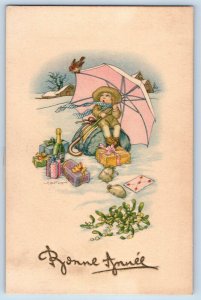 New Year Postcard Bonne Annee Boy With Umbrella Gifts Mistletoe Winter Scene