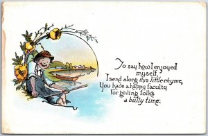 VINTAGE POSTCARD YOUNG BOY SMILING AND FISHING HAD A GOOD TIME 1910s