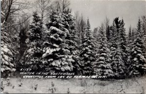 RPPC Postcard Wisconsin Greetings from Lac Du Flambeau Winter Scene 1940s Z12