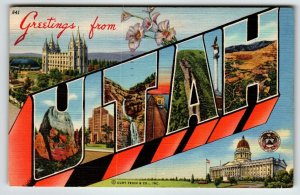 Greetings From Utah Large Big Letter Linen Postcard Curt Teich 1944 Vintage