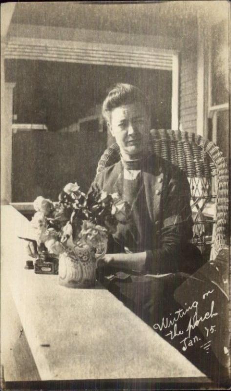 Woman on Porch Writing Pen & Carters Ink Well c1915 Real Photo Postcard