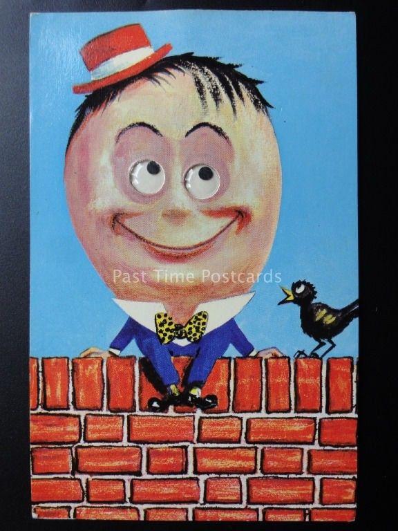 Comic Novelty Postcard: HUMPTY DUMPTY SAT ON THE WALL with moving eyes Old PC