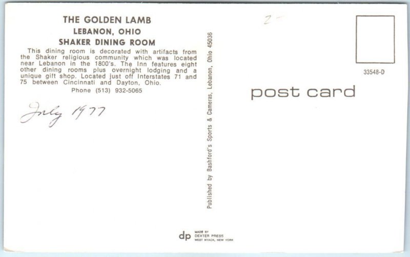 Postcard - Shaker Dining Room, The Golden Lamb - Lebanon, Ohio 