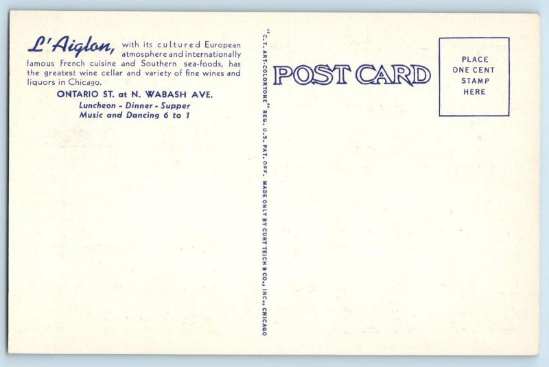c1950's L'Aiglon European Cuisine Restaurant Multiview Chicago Illinois Postcard