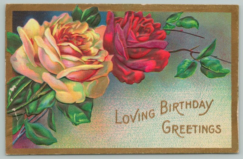 Flowers Greetings~Yellow and Red Rose~Gold Borders~c1910 Embossed Postcard