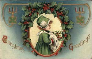 Christmas Pretty Little Girl Fur Muff c1910 Vintage Postcard