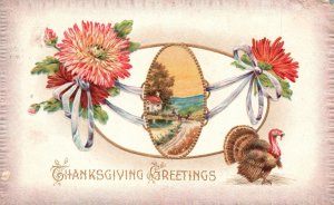 1911 Thanksgiving Greetings Landscape Flowers Turkey Design Vintage Postcard