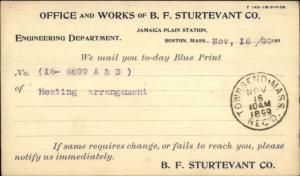 Jamaica Plain Boston BF Sturtevant Co to Townsend MA 1899 Postal Card