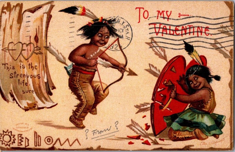 Indian Brave playing cupid 1920s valentine vtg postcard