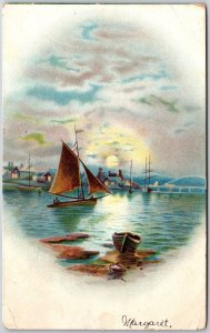 1907 Painting Sail Boats On Sunset Sillhouetting The Ocean Posted Postcard