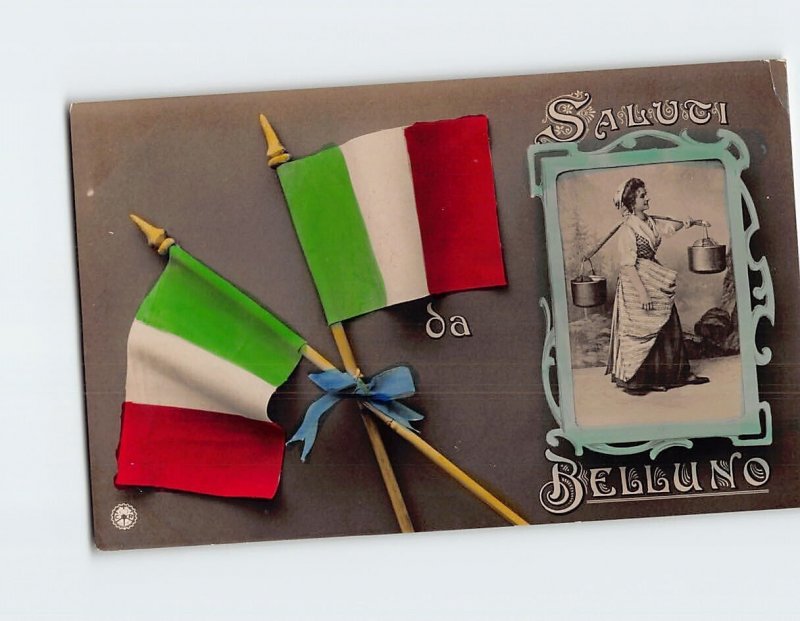 Postcard Two Italian Flag & A Woman Greetings from Belluno Italy