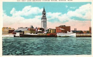 Vintage Postcard Sky Line Showing Custom House & Boats Boston Massachusetts MA