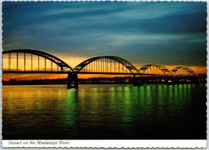 VINTAGE CONTINENTAL SIZE POSTCARD SUNSET ON THE MIGHTY MISSISSIPPI