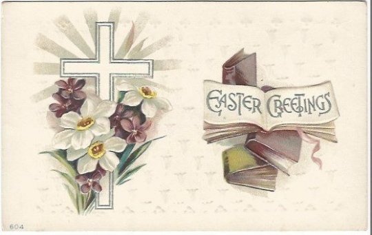 Easter Symbolism Books, Silver Gilded Cross, Purple Violets Vintage Postcard