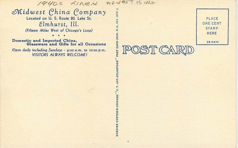 1930s Elmhurst Illinois Midwest China Company Advertising Linen Teich Postcard