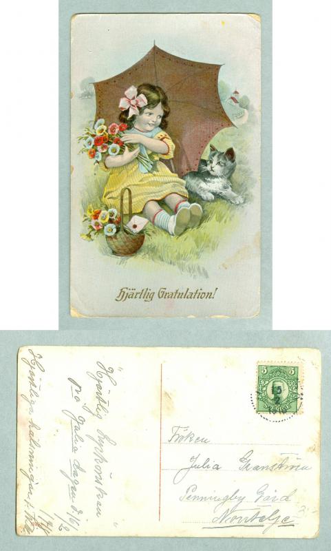 Sweden.1918. Congratulation. Girl with Flowers,Cat. Postal Used