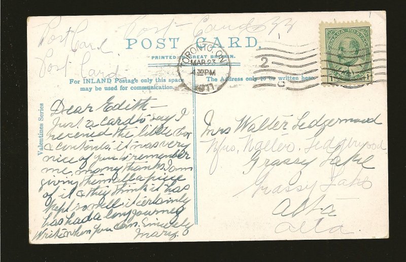 Postmark 1911 Toronto Ont Lower Vernon Park Stockport Valentine Postcard