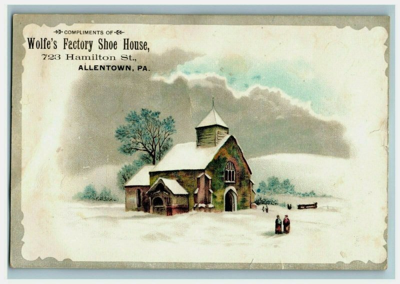 1880's Wolfe's Factory Shoe House Church Winter Snow Scene 7H