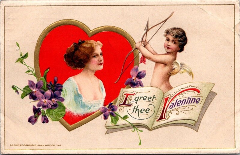 I Greet The Valentine Cupid, Woman in Heart Winsch Embossed Vintage Postcard O71