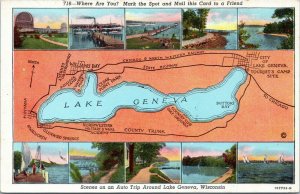 postcard Wisconsin - Lake Geneva map with scenes on auto trip