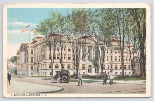 Syracuse New York~High School Building~Folks in Street~1920s Postcard