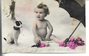 Little boy with his dog on the beach Old vintage French photo postcard