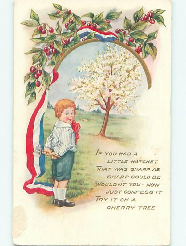 Pre-Linen patriotic BOY WITH AXE BY THE CHERRY TREE & USA FLAG RIBBON HJ4640