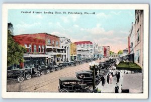 St Petersburg Florida FL Postcard Central Avenue Looking West Classic Cars 1920