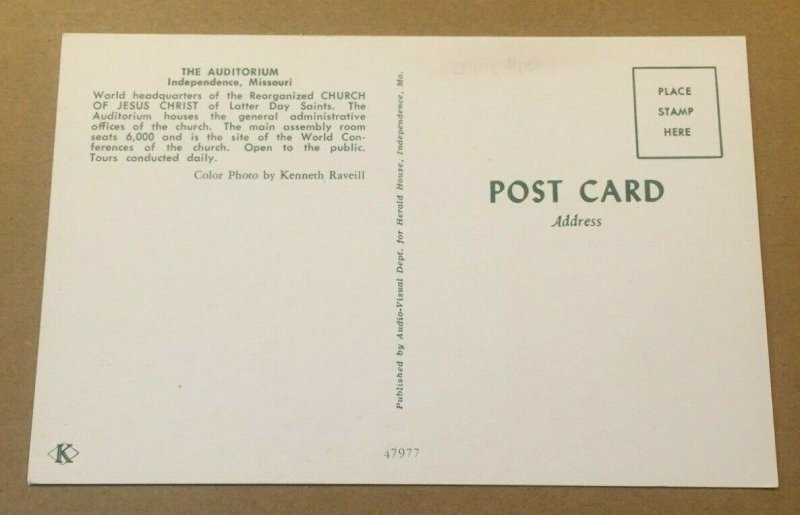 VINTAGE UNUSED POSTCARD AUDITORIUM CHURCH OF J.C. OF LATTER DAY SAINTS, IND. MO.