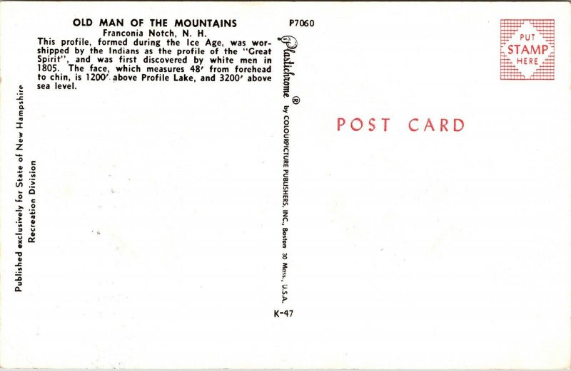 Old Man Mountains Franconia Notch NH Great Spirit New Hampshire VTG Postcard UNP 