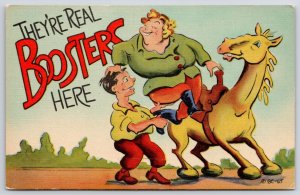 They're Real Booster Here Woman Riding Horse Comic Postcard