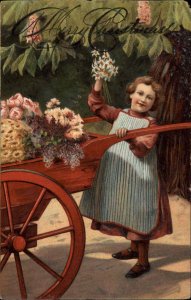Christmas Cute Little Girl with Wagon of Flowers c1910 Vintage Postcard