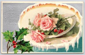Vintage Postcard 1907 Best Christmas Wishes Old Pink Roses Flowers Greetings