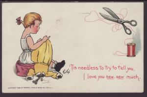 Girl Sewing,Tuck's,Curtis Postcard