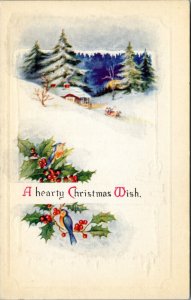 Postcard: A Hearty Christmas Wish - holly, bird, winter scene
