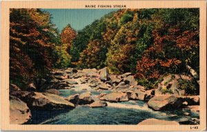 Scenic Maine Fishing Stream Vintage Linen Postcard R37